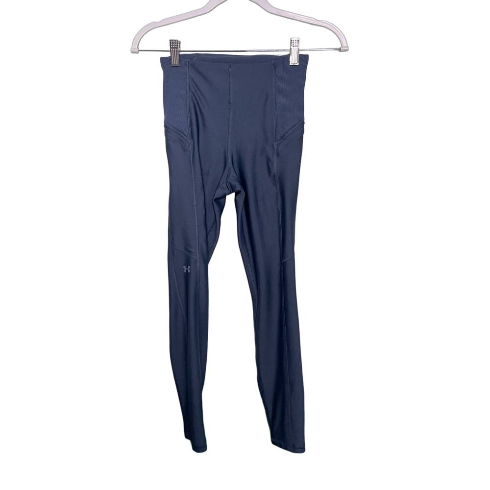 Under Armour High Rise Compression Leggings Elastic Waist Ribbed Pockets Blue XS